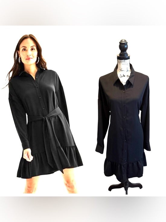 Nine West Dresses & Skirts - Nine West Classic Black Shirt Dress Tie Waist Ruffle Hem Size XLarge NWOT